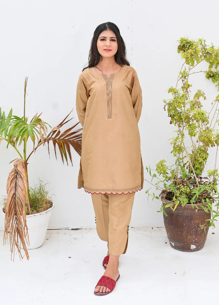 Eman Butt Pret Solid Khaadi Silk 2 Piece Suit Khaki
