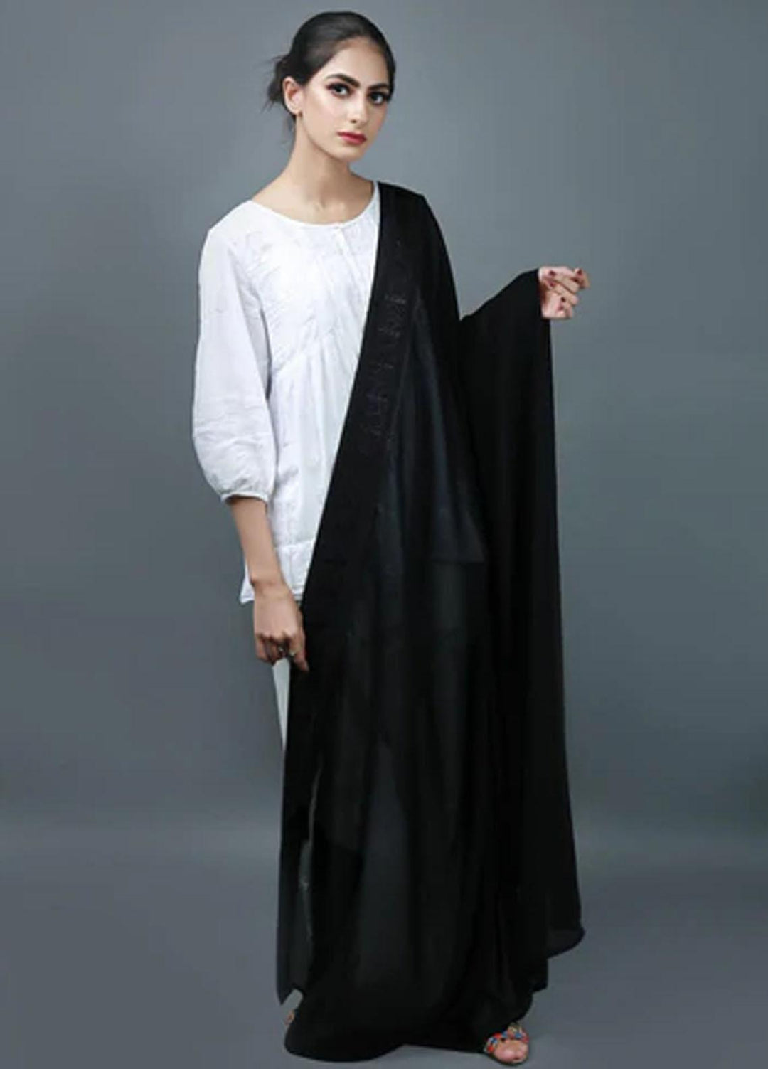 Abaya pk Embroidered Chiffon  Chadar ABA22EC BLACK FLORAL - Embroidered Chadar