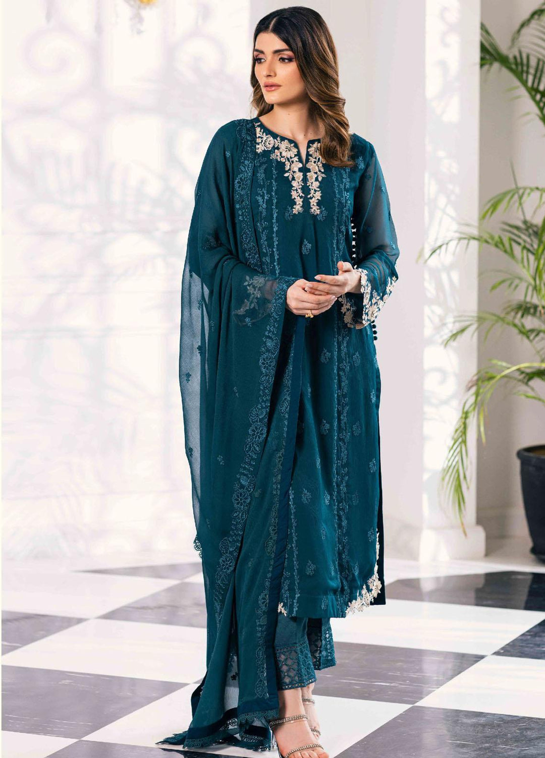 Ensembles By Azure Embroidered Chiffon Suits Unstitched 4 Piece AZU23ESE3 Sea-Weed - Festive Collection