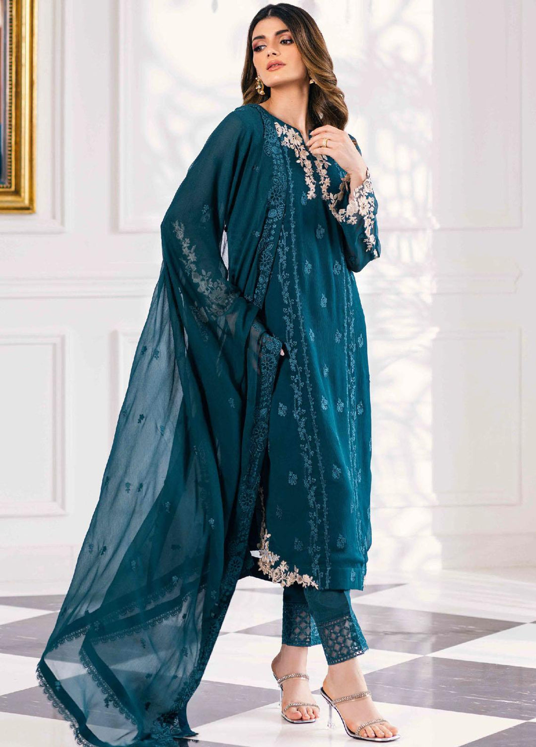 Ensembles By Azure Embroidered Chiffon Suits Unstitched 4 Piece AZU23ESE3 Sea-Weed - Festive Collection