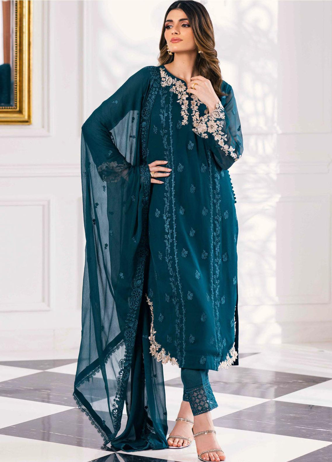 Ensembles By Azure Embroidered Chiffon Suits Unstitched 4 Piece AZU23ESE3 Sea-Weed - Festive Collection