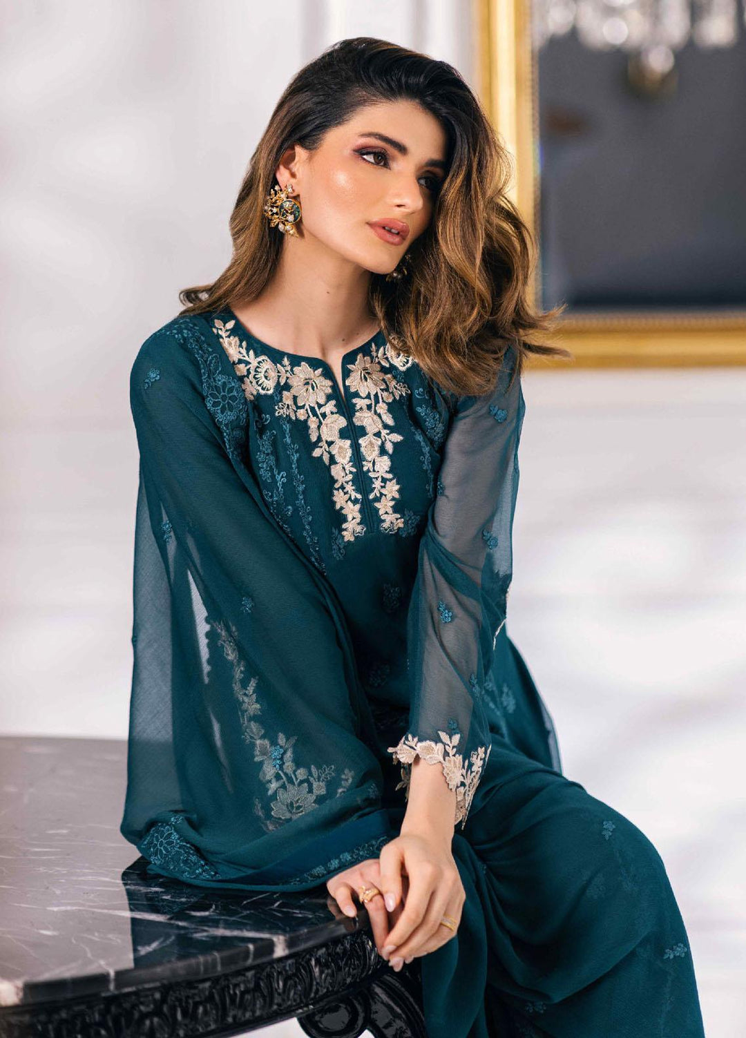 Ensembles By Azure Embroidered Chiffon Suits Unstitched 4 Piece AZU23ESE3 Sea-Weed - Festive Collection