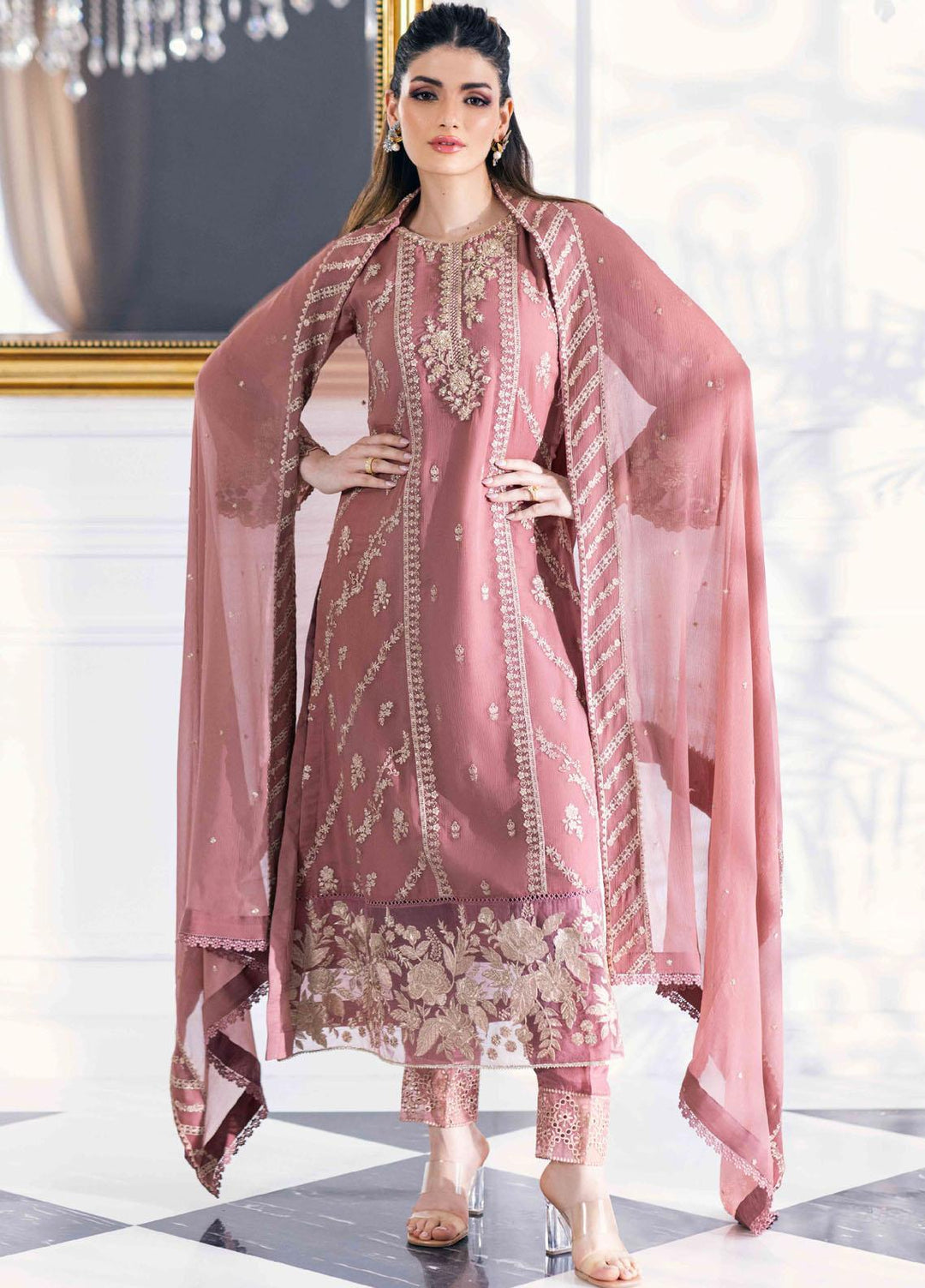Ensembles By Azure Embroidered Chiffon Suits Unstitched 4 Piece AZU23ESE3 Candy-Blush - Festive Collection