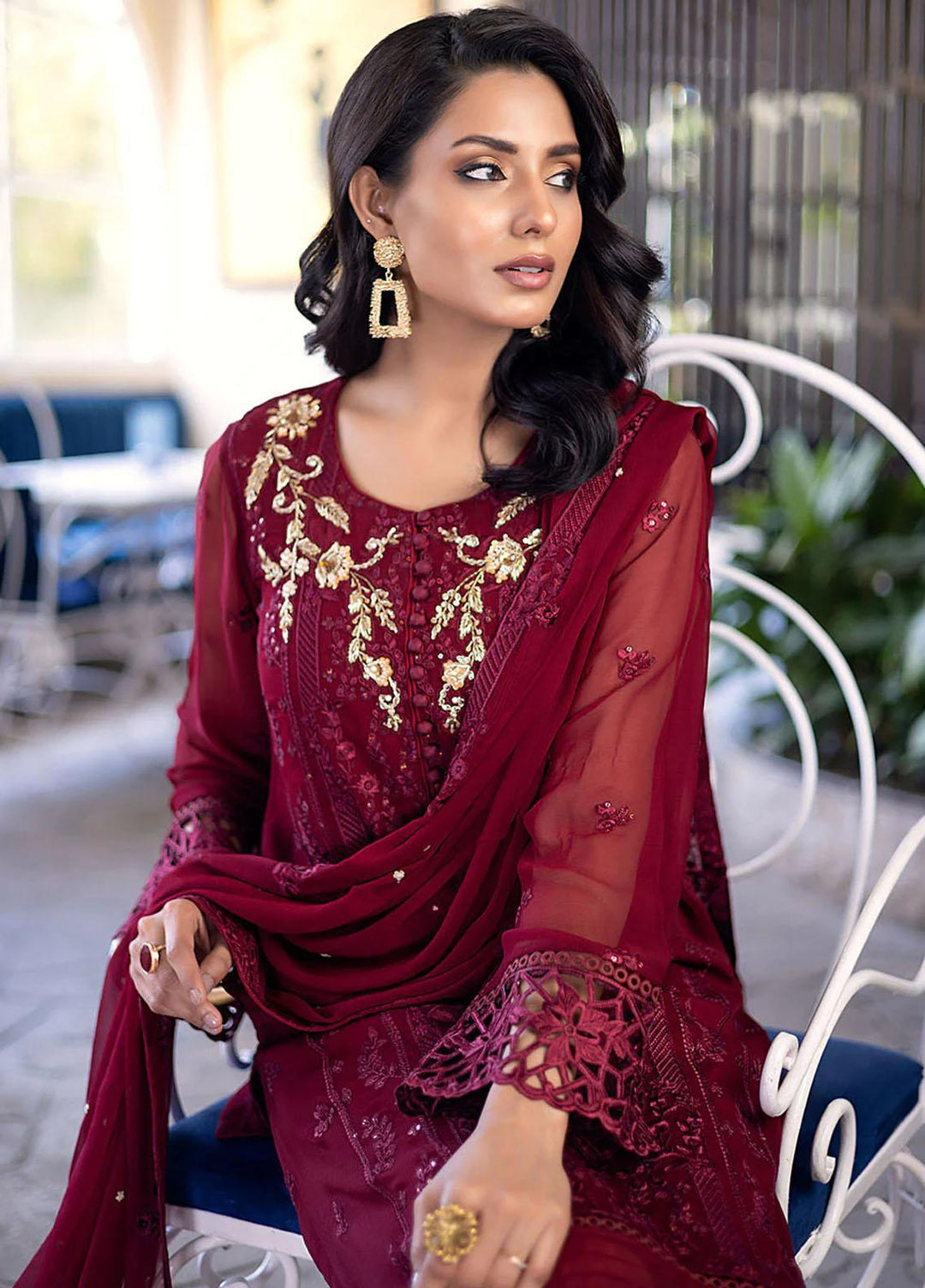 Ensembles By Azure Embroidered Chiffon Suits Unstitched 4 Piece AZU23ES Antique Rouge - Festive Collection