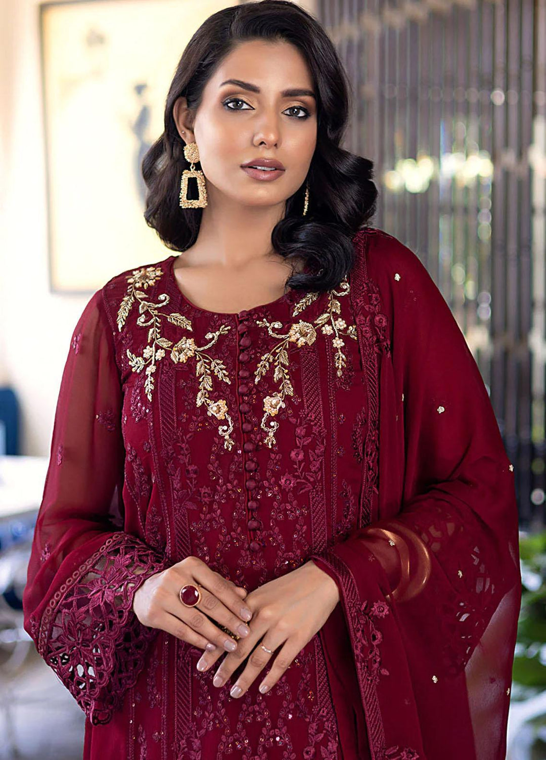 Ensembles By Azure Embroidered Chiffon Suits Unstitched 4 Piece AZU23ES Antique Rouge - Festive Collection
