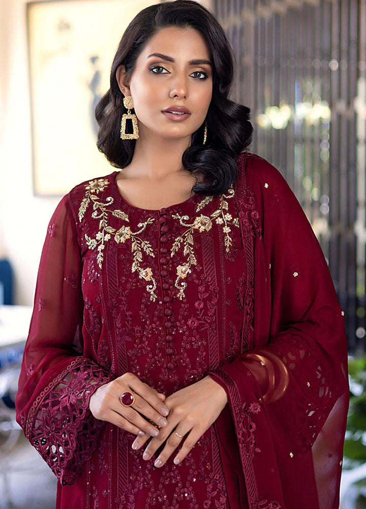 Ensembles By Azure Embroidered Chiffon Suits Unstitched 4 Piece AZU23ES Antique Rouge - Festive Collection