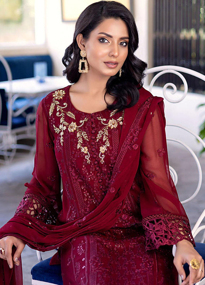 Ensembles By Azure Embroidered Chiffon Suits Unstitched 4 Piece AZU23ES Antique Rouge - Festive Collection