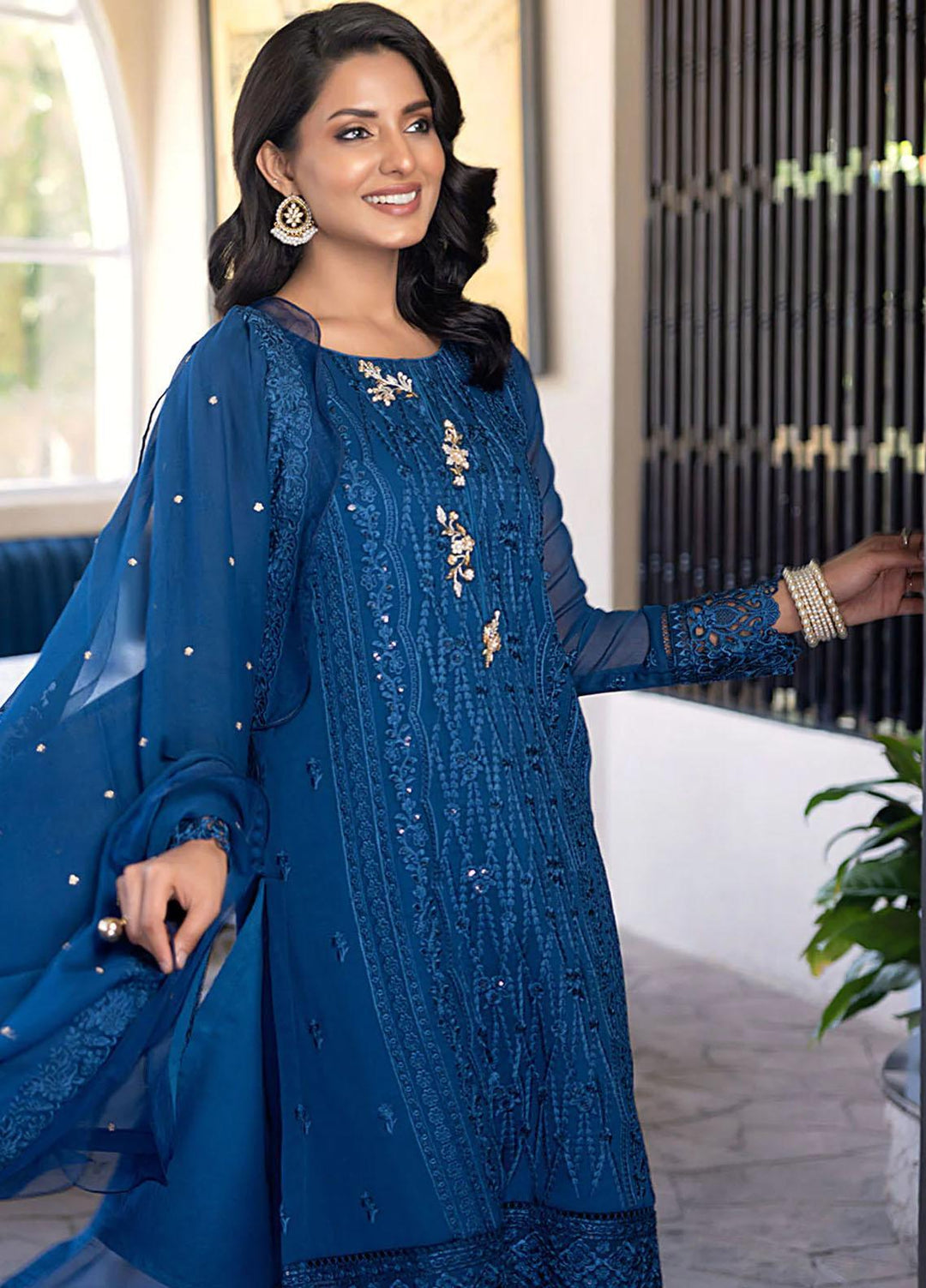 Ensembles By Azure Embroidered Chiffon Suits Unstitched 4 Piece AZU23ES Cerulean - Festive Collection