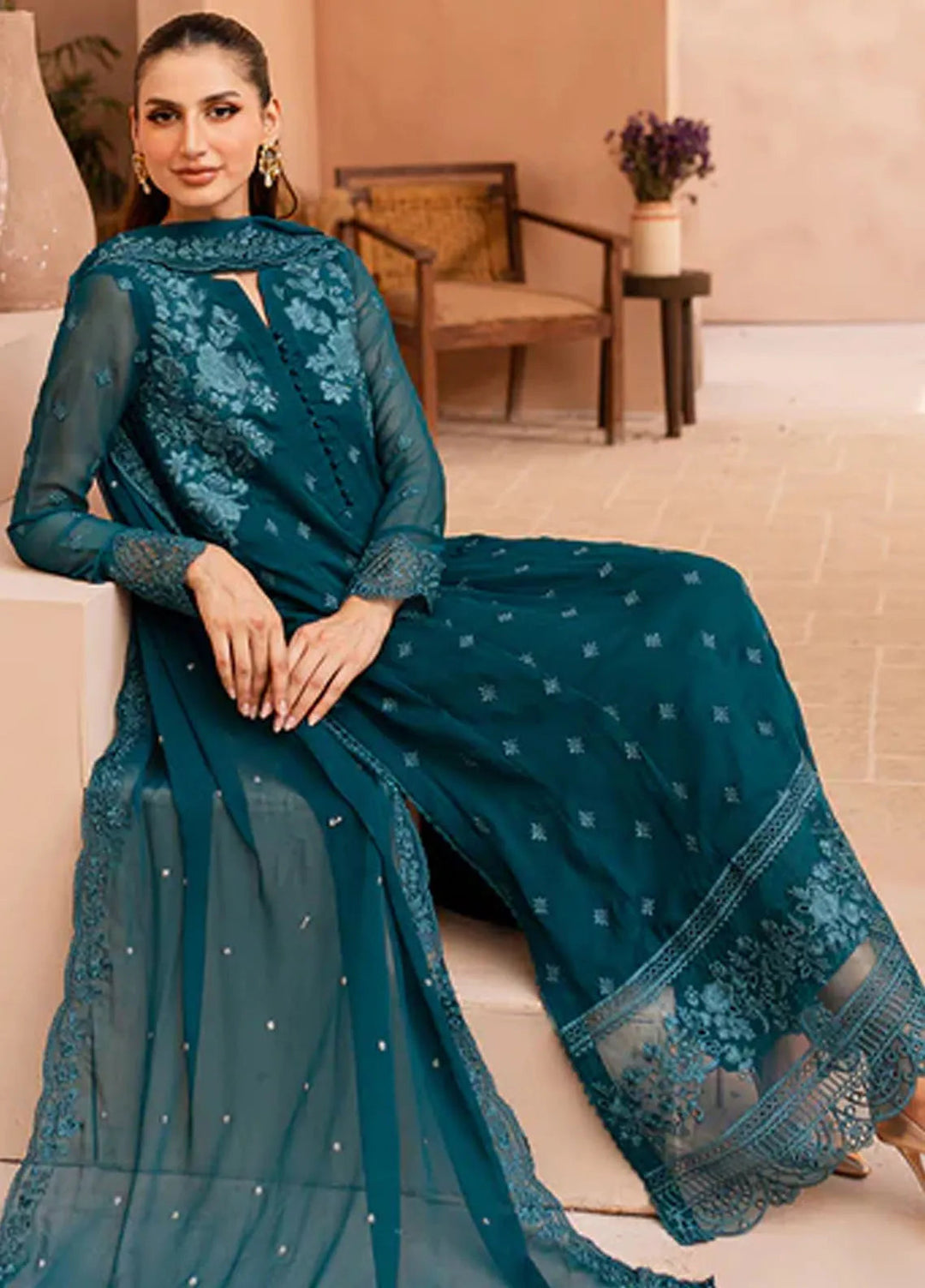 Ensembles By Azure  Embroidered Chiffon Suit Unstitched 4 Piece AZ24EF CCES-072 Caribbean Charm - Festive Collection