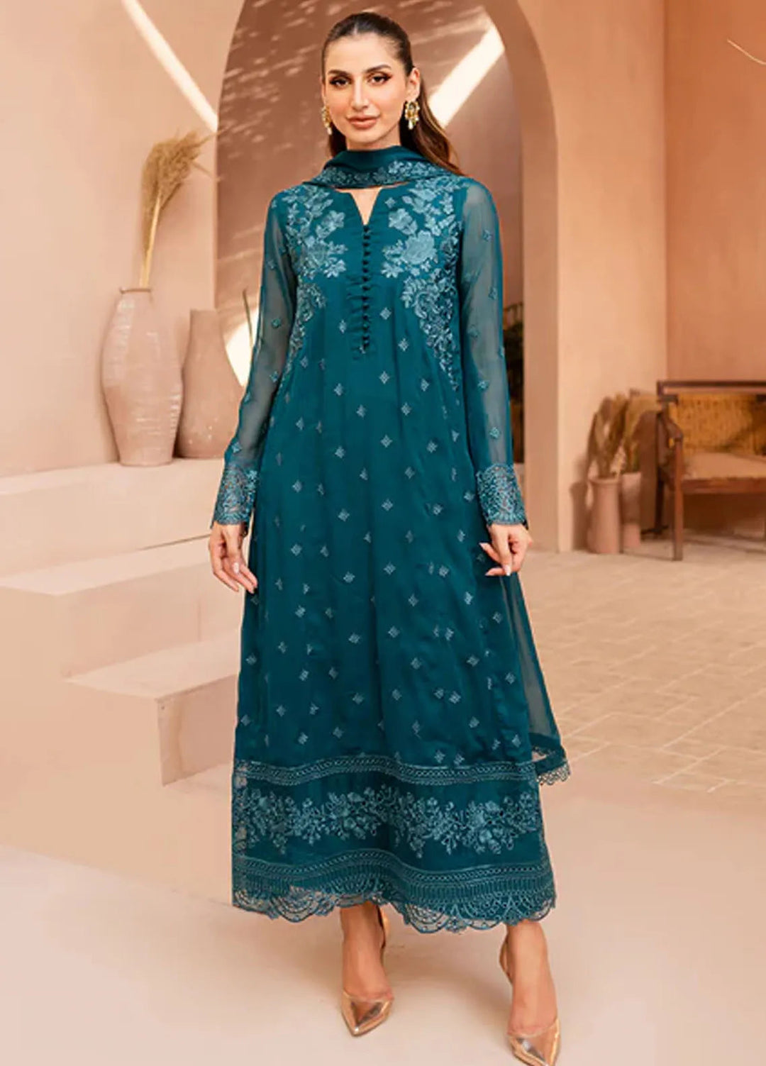 Ensembles By Azure  Embroidered Chiffon Suit Unstitched 4 Piece AZ24EF CCES-072 Caribbean Charm - Festive Collection