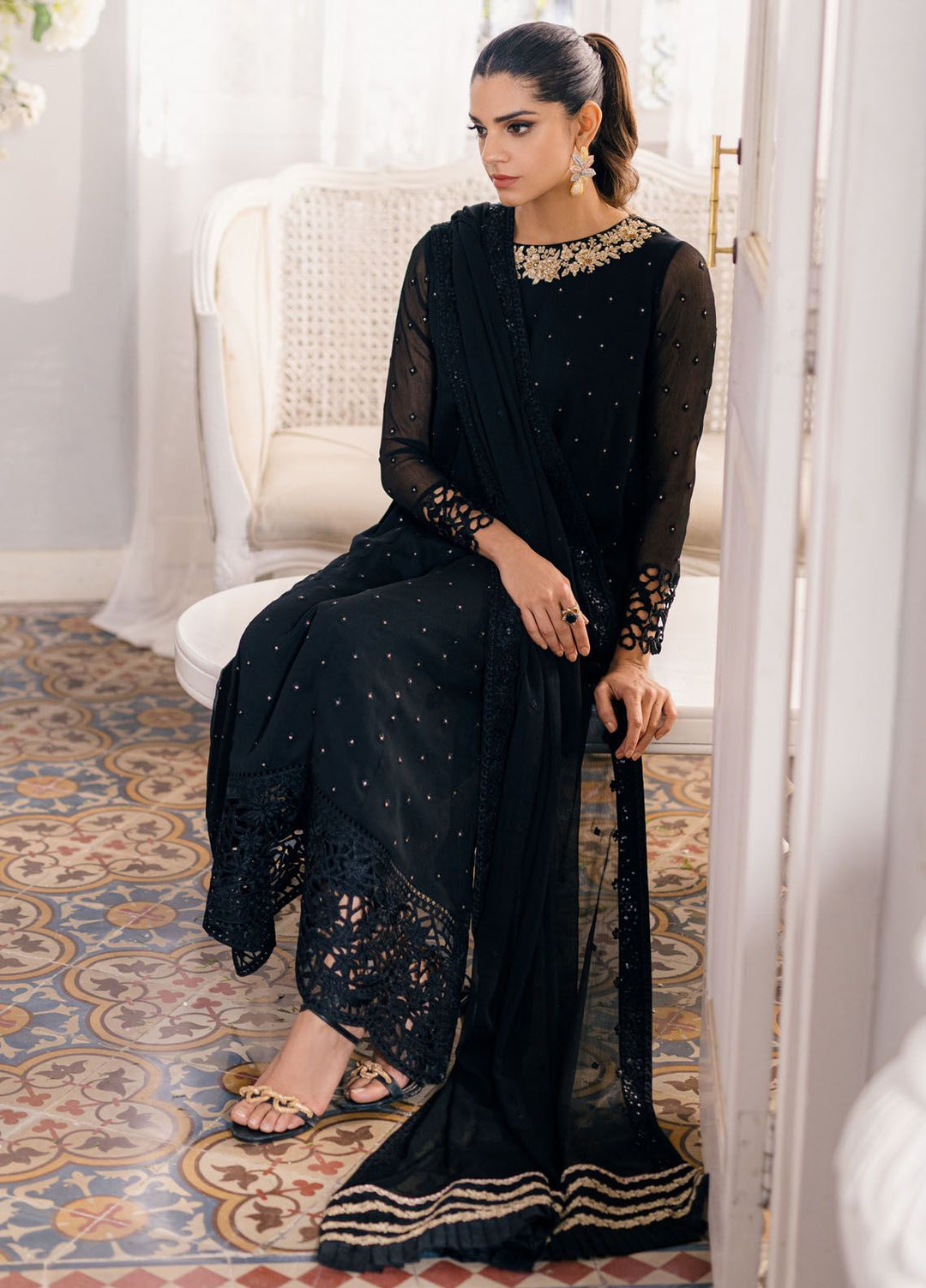 Ensembles by Azure Embroidered Chiffon Suits Unstitched 3 Piece AZU24EF ES-047 Midnight Glow - Festive Collection