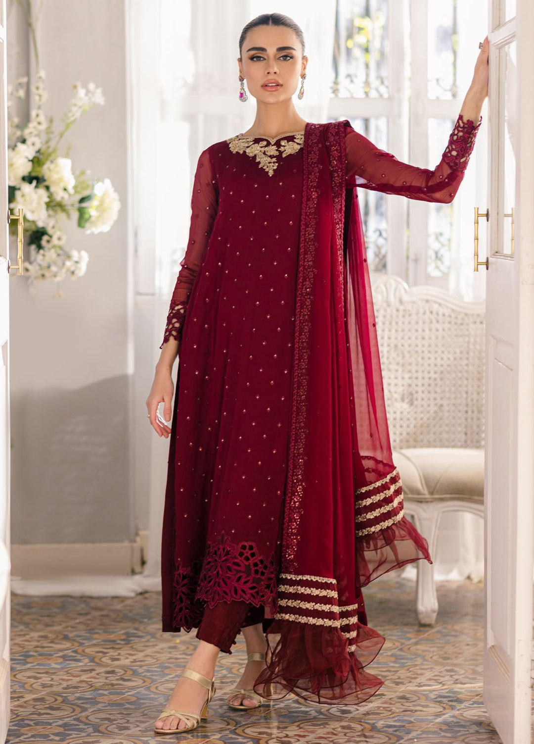 Ensembles by Azure Embroidered Chiffon Suits Unstitched 3 Piece AZU24EF ES-050 Garnet Glam - Festive Collection