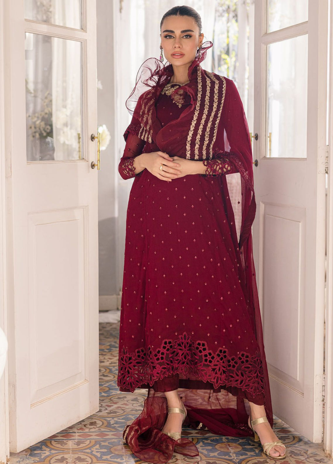 Ensembles by Azure Embroidered Chiffon Suits Unstitched 3 Piece AZU24EF ES-050 Garnet Glam - Festive Collection