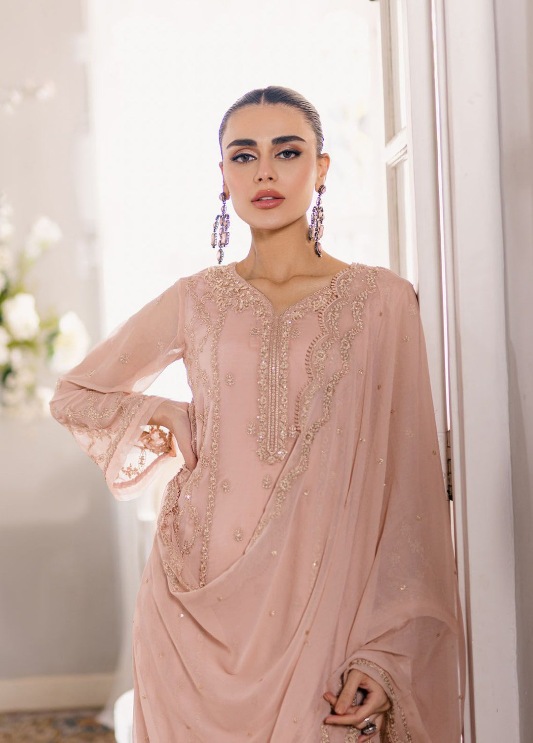 Ensembles by Azure Embroidered Chiffon Suits Unstitched 3 Piece AZU24EF ES-053 Nectarine - Festive Collection