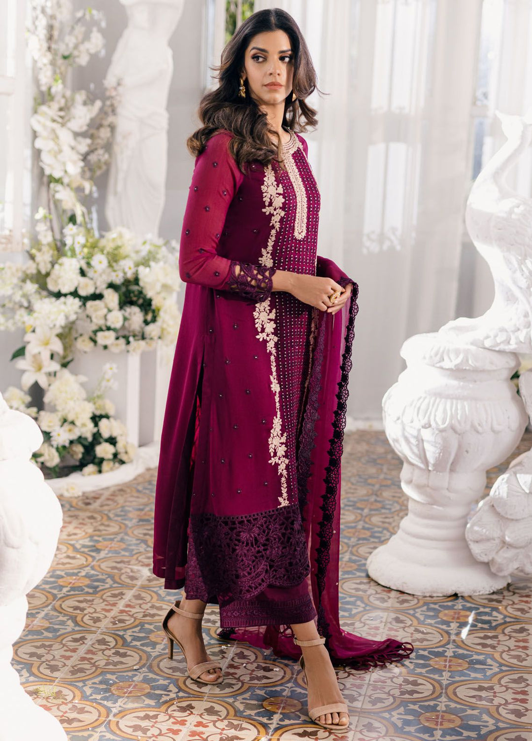 Ensembles by Azure Embroidered Chiffon Suits Unstitched 3 Piece AZU24EF ES-056 Merlot Muse - Festive Collection