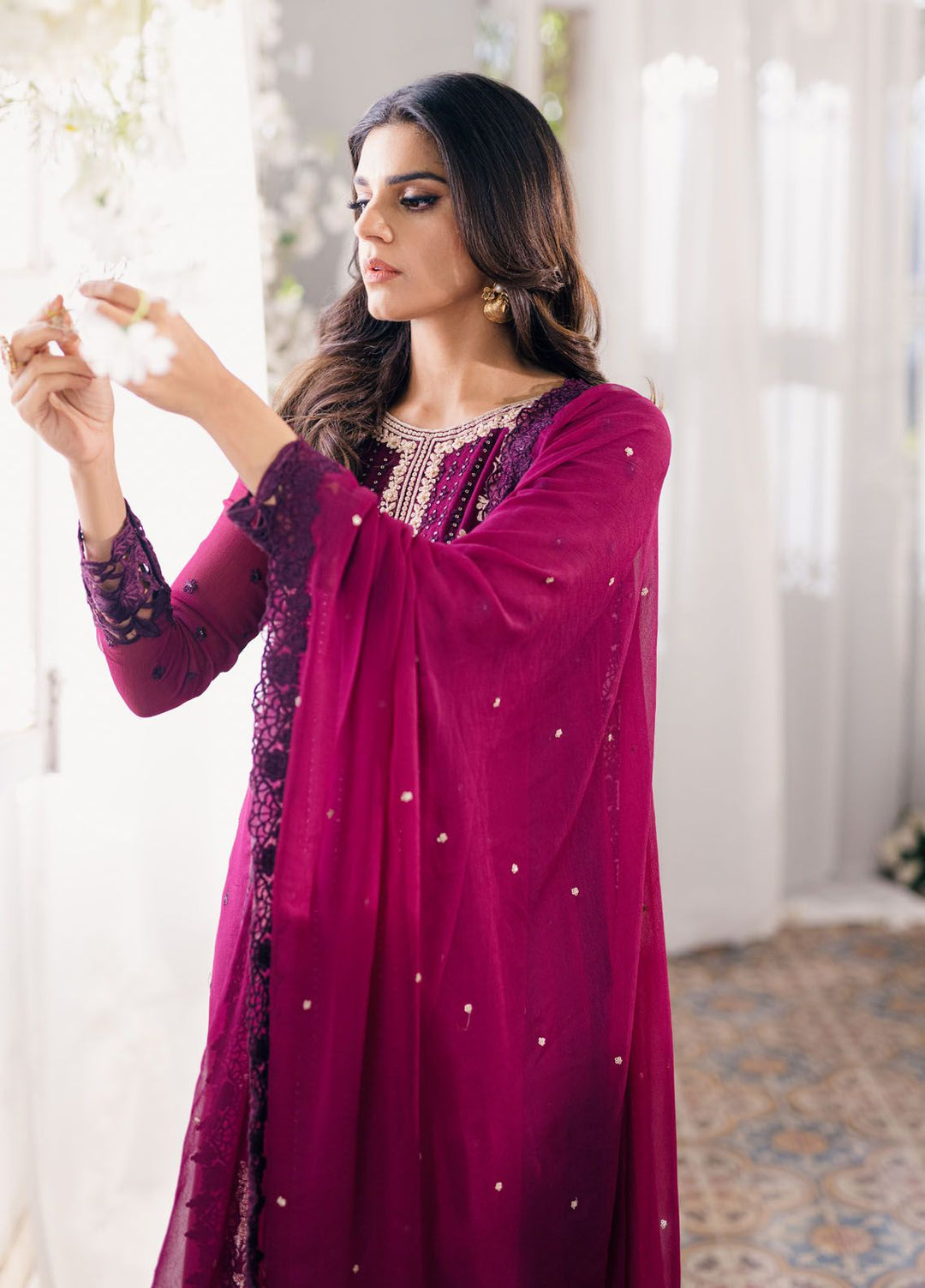 Ensembles by Azure Embroidered Chiffon Suits Unstitched 3 Piece AZU24EF ES-056 Merlot Muse - Festive Collection