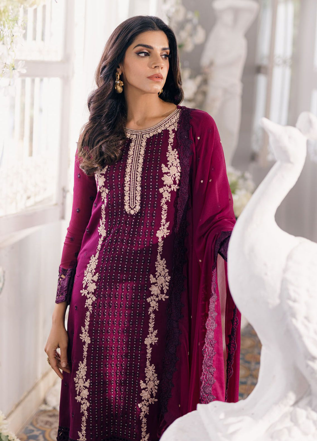 Ensembles by Azure Embroidered Chiffon Suits Unstitched 3 Piece AZU24EF ES-056 Merlot Muse - Festive Collection