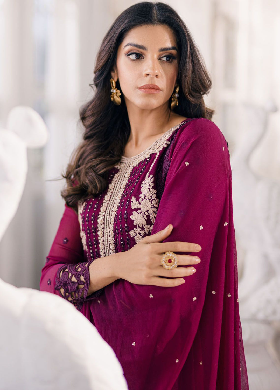 Ensembles by Azure Embroidered Chiffon Suits Unstitched 3 Piece AZU24EF ES-056 Merlot Muse - Festive Collection