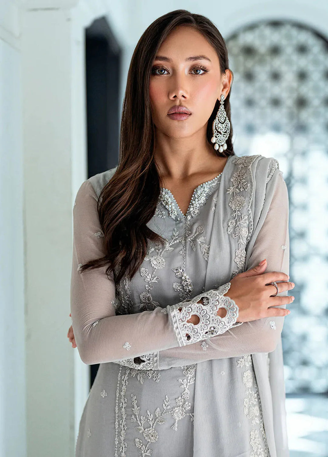 Ensembles by Azure Embroidered Chiffon Suits Unstitched 3 Piece AZU25ED Ash Veil - Festive Collection