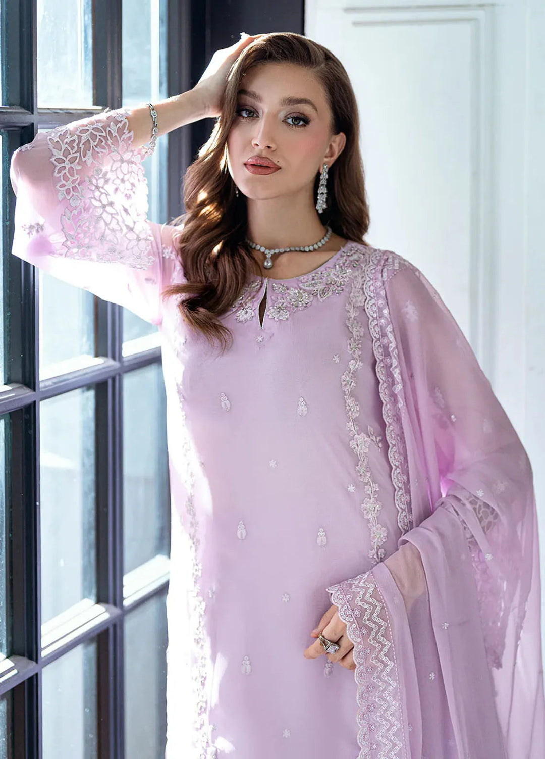 Ensembles by Azure Embroidered Chiffon Suits Unstitched 3 Piece AZU25ED Dewy Lavender - Festive Collection