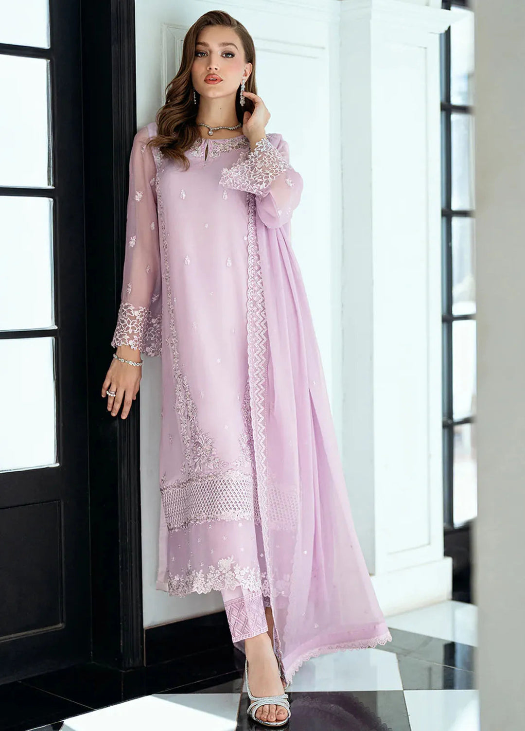 Ensembles by Azure Embroidered Chiffon Suits Unstitched 3 Piece AZU25ED Dewy Lavender - Festive Collection