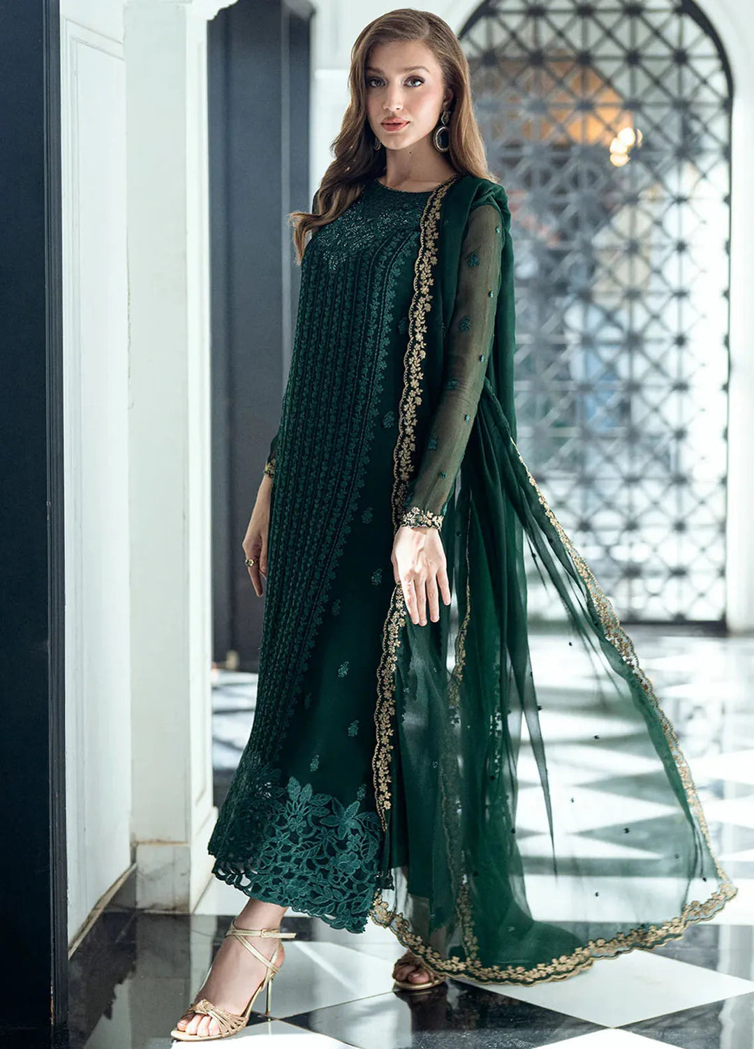 Ensembles by Azure Embroidered Chiffon Suits Unstitched 3 Piece AZU25ED Emerald Whisper - Festive Collection