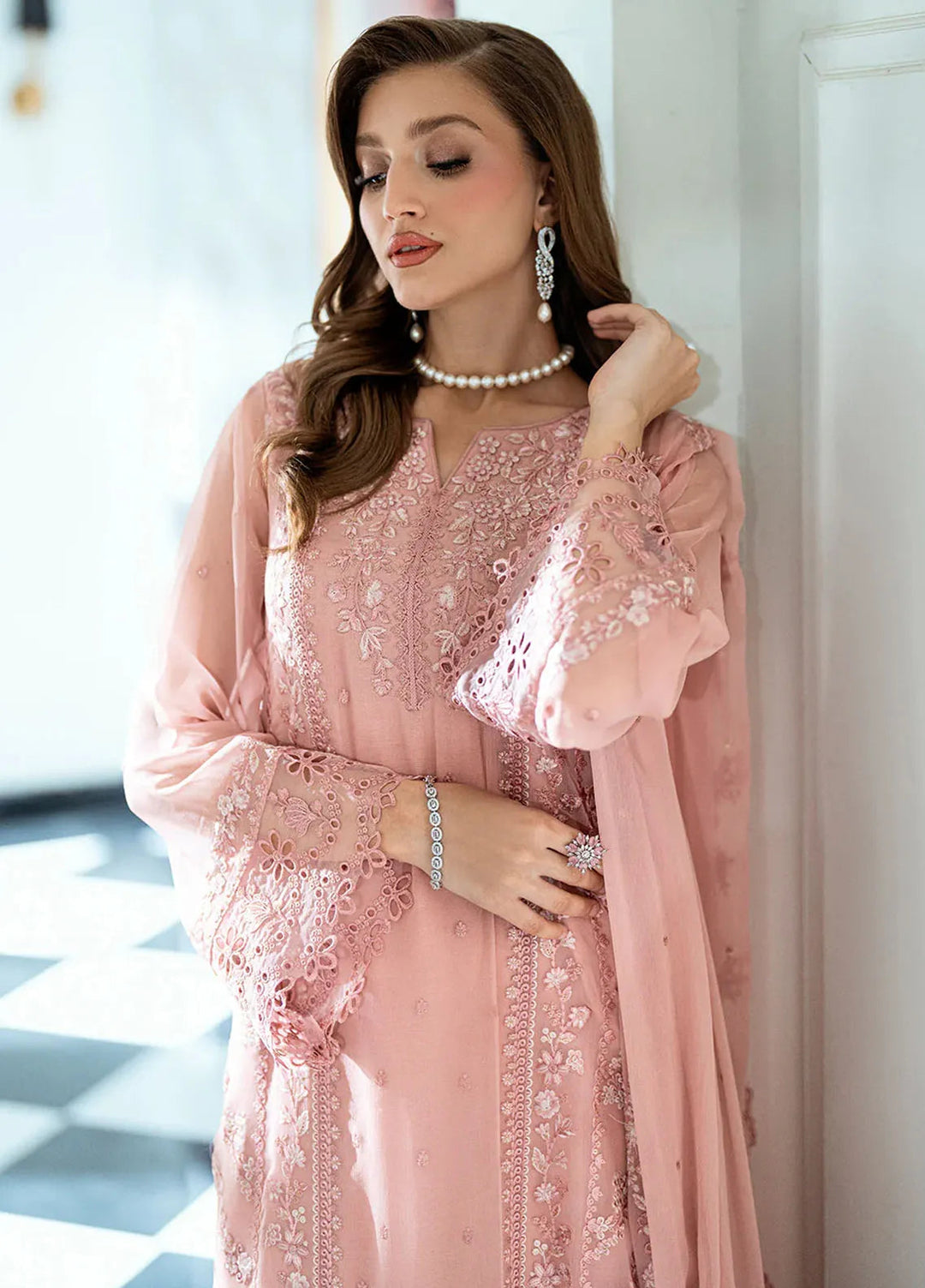 Ensembles by Azure Embroidered Chiffon Suits Unstitched 3 Piece AZU25ED Faded Blush - Festive Collection