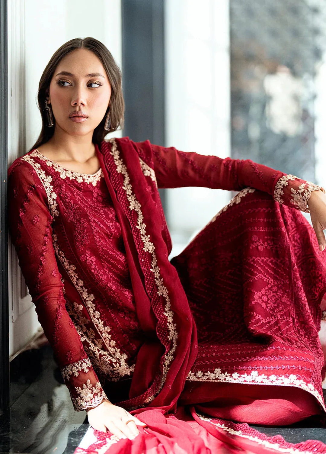 Ensembles by Azure Embroidered Chiffon Suits Unstitched 3 Piece AZU25ED Rouge - Festive Collection