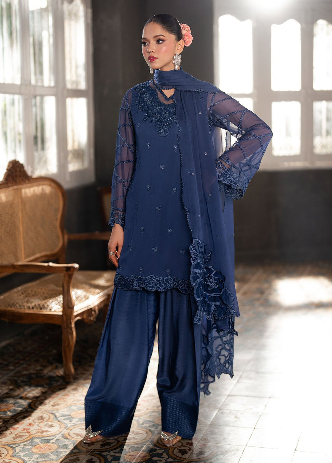 Ensembles by Azure Embroidered Chiffon Suits Unstitched 3 Piece AZU25EF Cobalt Haze ES-108 - Festive Collection
