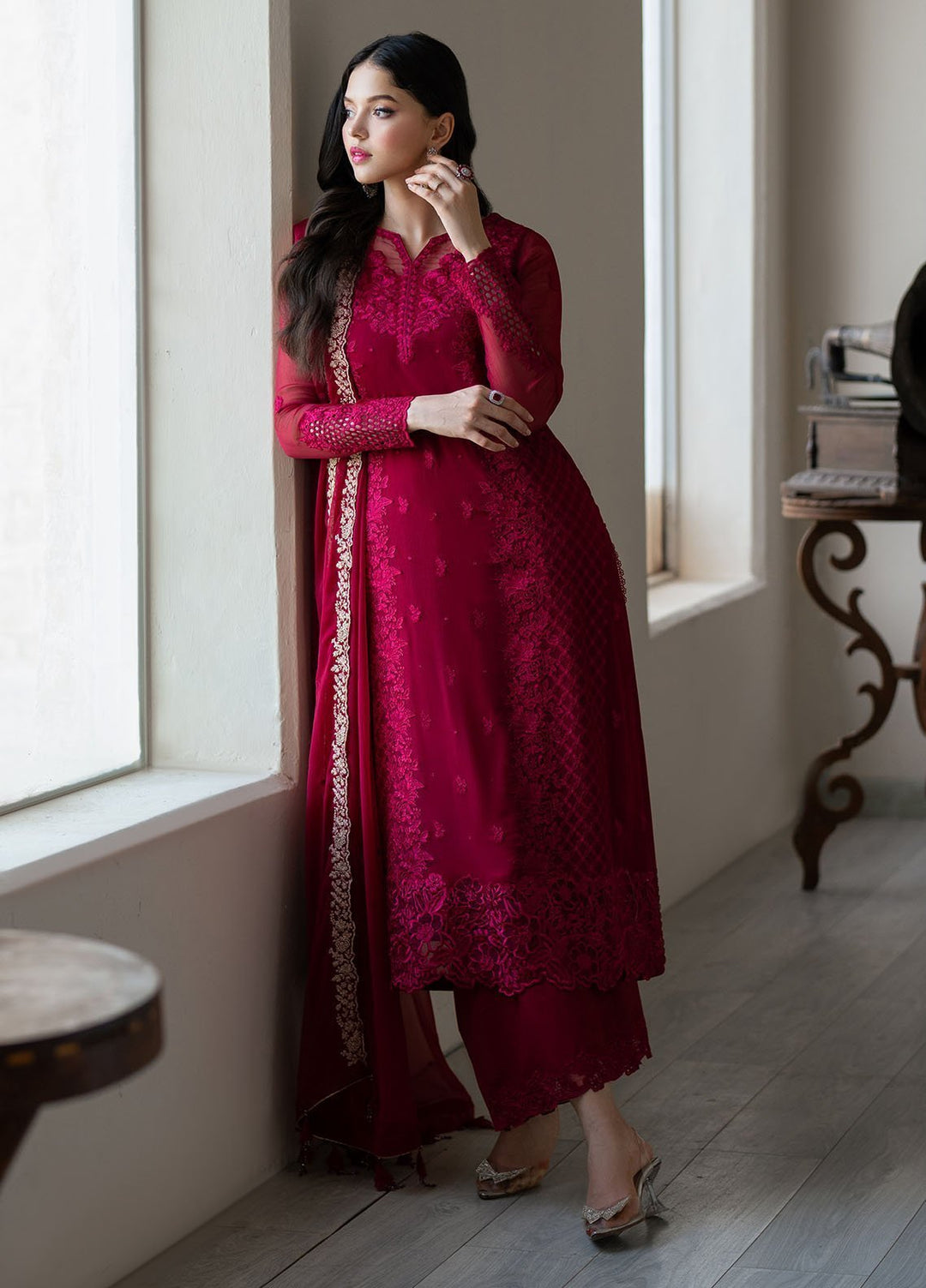 Ensembles by Azure Embroidered Chiffon Suits Unstitched 3 Piece AZU25EF Fuchsia Blaze ES-103 - Festive Collection