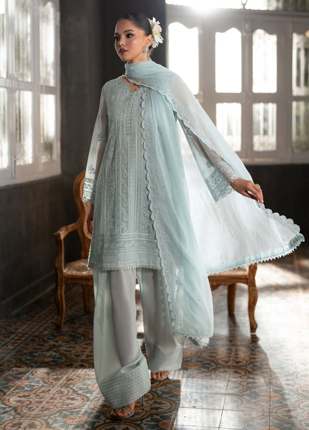 Ensembles by Azure Embroidered Chiffon Suits Unstitched 3 Piece AZU25EF Icy Mist ES-107 - Festive Collection
