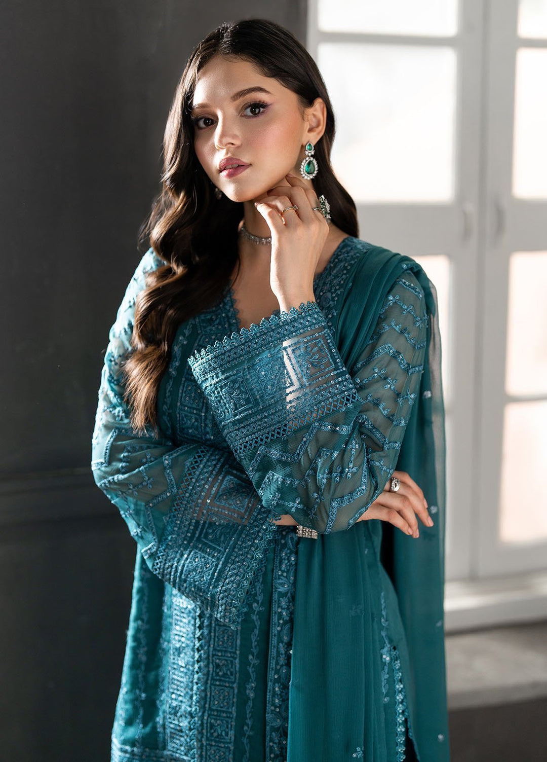 Ensembles by Azure Embroidered Chiffon Suits Unstitched 3 Piece AZU25EF Minted Sage ES-109 - Festive Collection