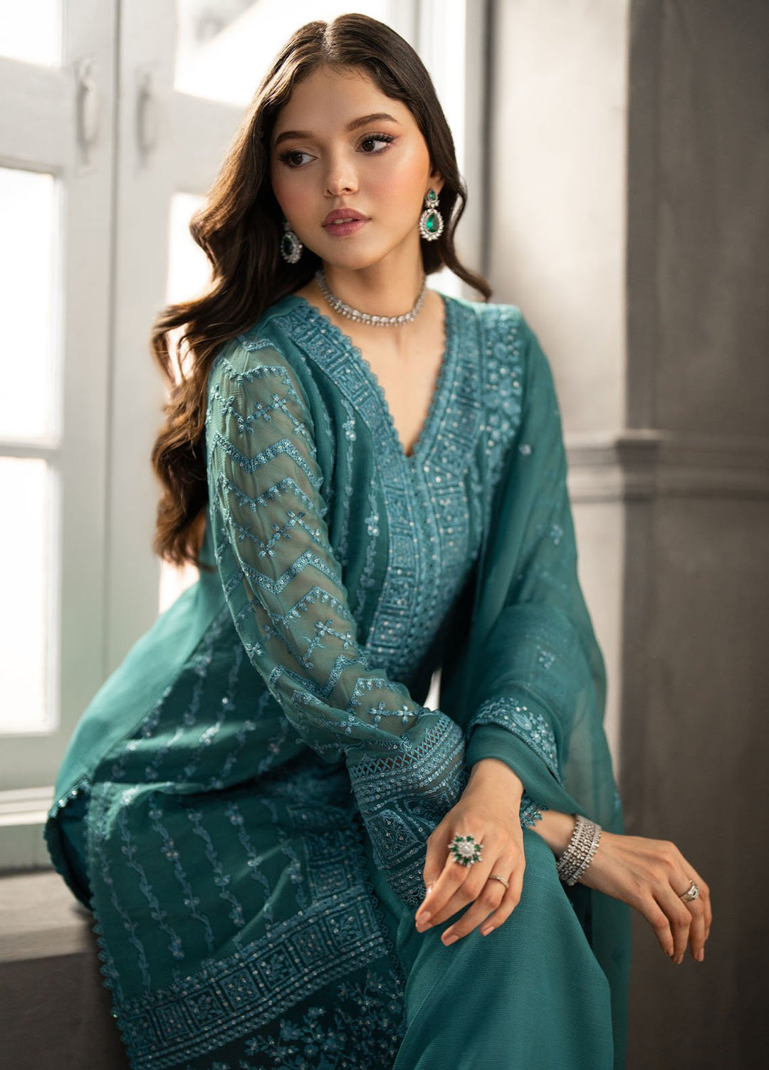 Ensembles by Azure Embroidered Chiffon Suits Unstitched 3 Piece AZU25EF Minted Sage ES-109 - Festive Collection