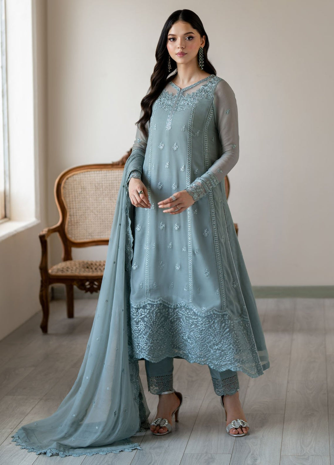 Ensembles by Azure Embroidered Chiffon Suits Unstitched 3 Piece AZU25EF Moss whisper ES-104 - Festive Collection