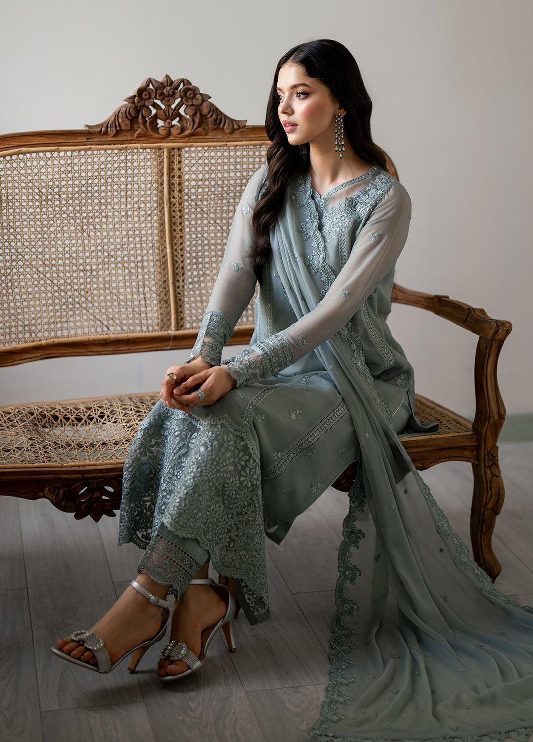 Ensembles by Azure Embroidered Chiffon Suits Unstitched 3 Piece AZU25EF Moss whisper ES-104 - Festive Collection