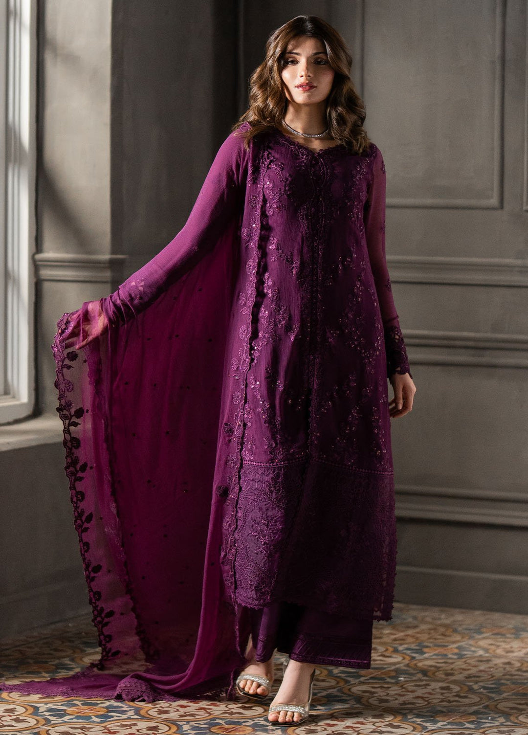 Ensembles by Azure Embroidered Chiffon Suits Unstitched 3 Piece AZU25EF Rose Noir ES-110 - Festive Collection