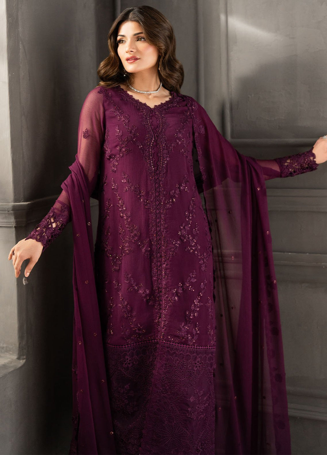 Ensembles by Azure Embroidered Chiffon Suits Unstitched 3 Piece AZU25EF Rose Noir ES-110 - Festive Collection