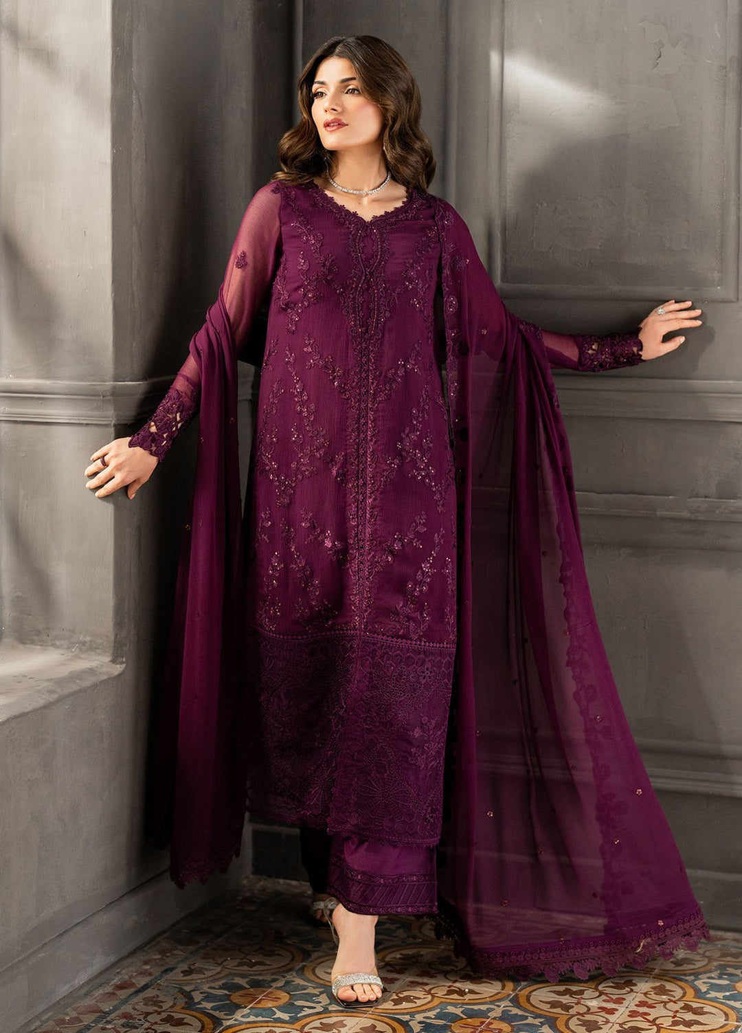 Ensembles by Azure Embroidered Chiffon Suits Unstitched 3 Piece AZU25EF Rose Noir ES-110 - Festive Collection
