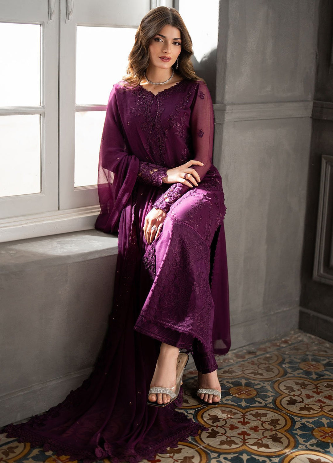 Ensembles by Azure Embroidered Chiffon Suits Unstitched 3 Piece AZU25EF Rose Noir ES-110 - Festive Collection