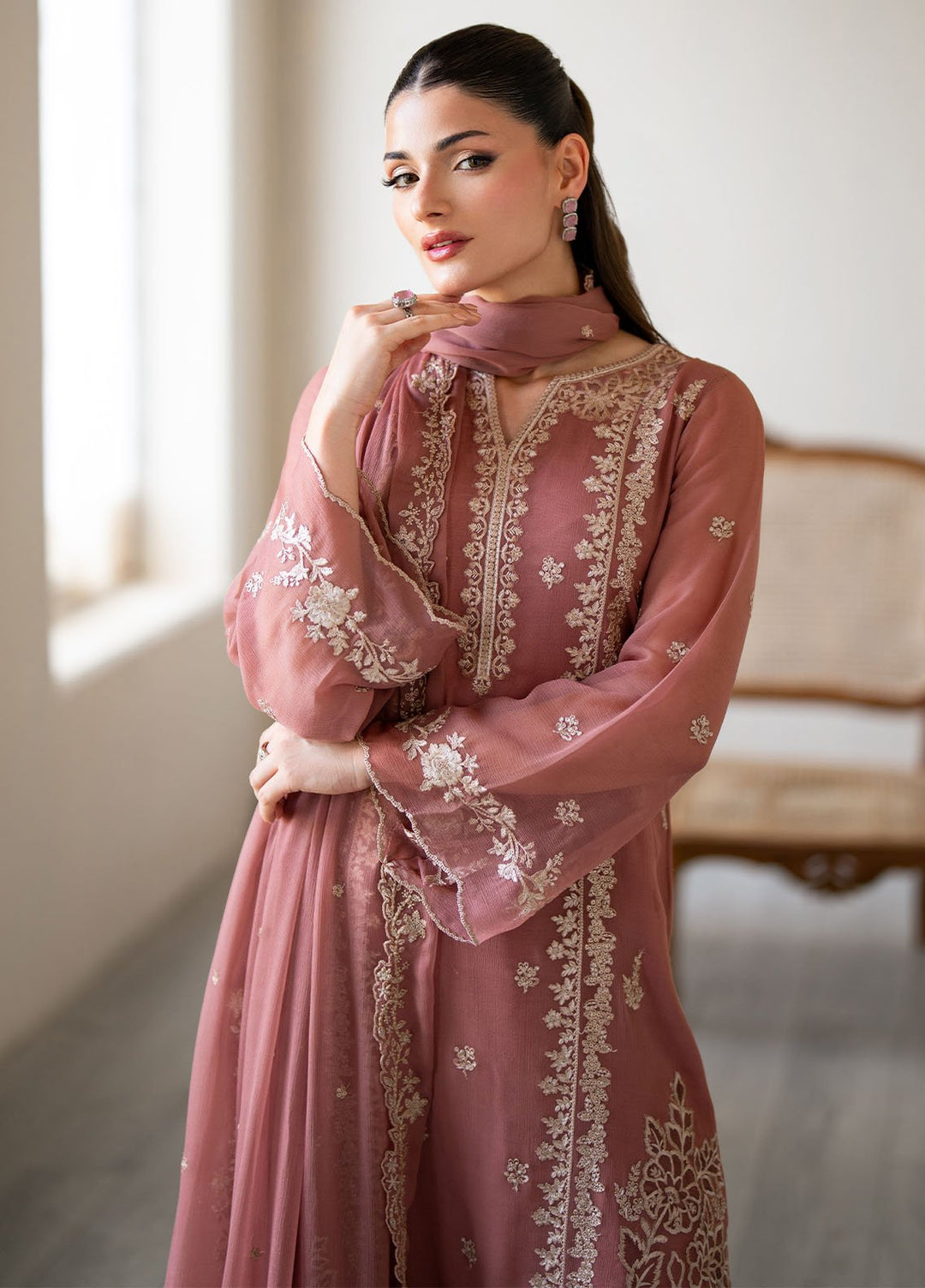 Ensembles by Azure Embroidered Chiffon Suits Unstitched 3 Piece AZU25EF Rosy Ember ES-102 - Festive Collection