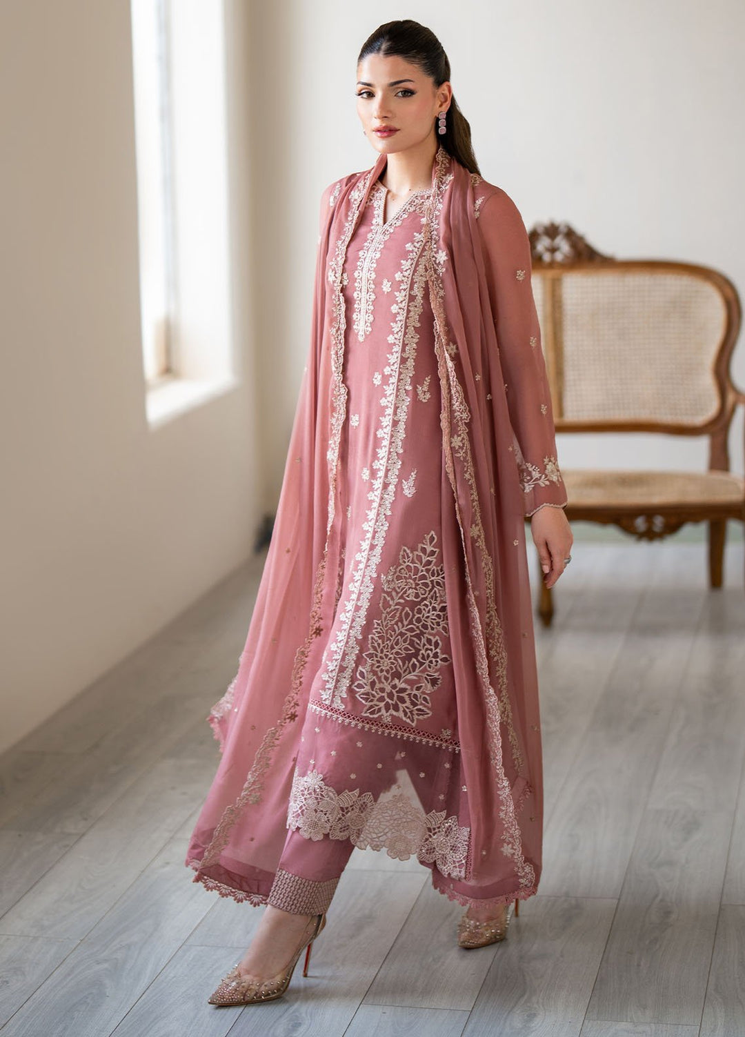 Ensembles by Azure Embroidered Chiffon Suits Unstitched 3 Piece AZU25EF Rosy Ember ES-102 - Festive Collection