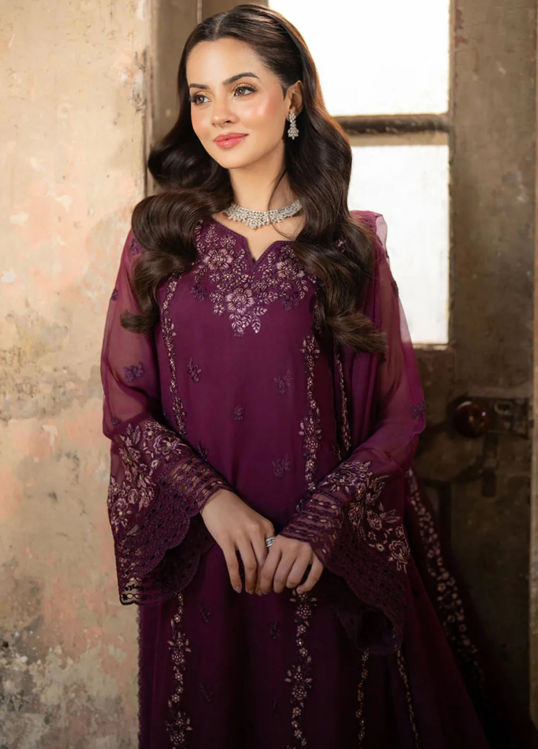 Ensembles By Azure Embroidered Chiffon Suits Unstitched 3 Piece AZU25EN I-01323 Merlot Grace - Festive Collection