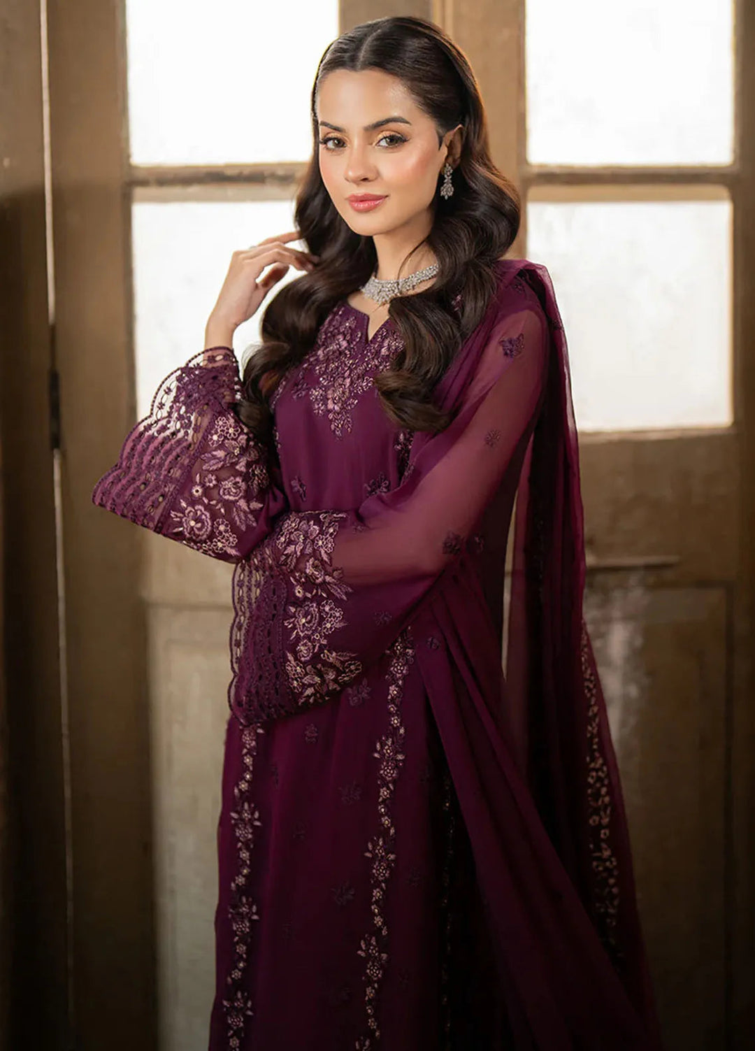 Ensembles By Azure Embroidered Chiffon Suits Unstitched 3 Piece AZU25EN I-01323 Merlot Grace - Festive Collection
