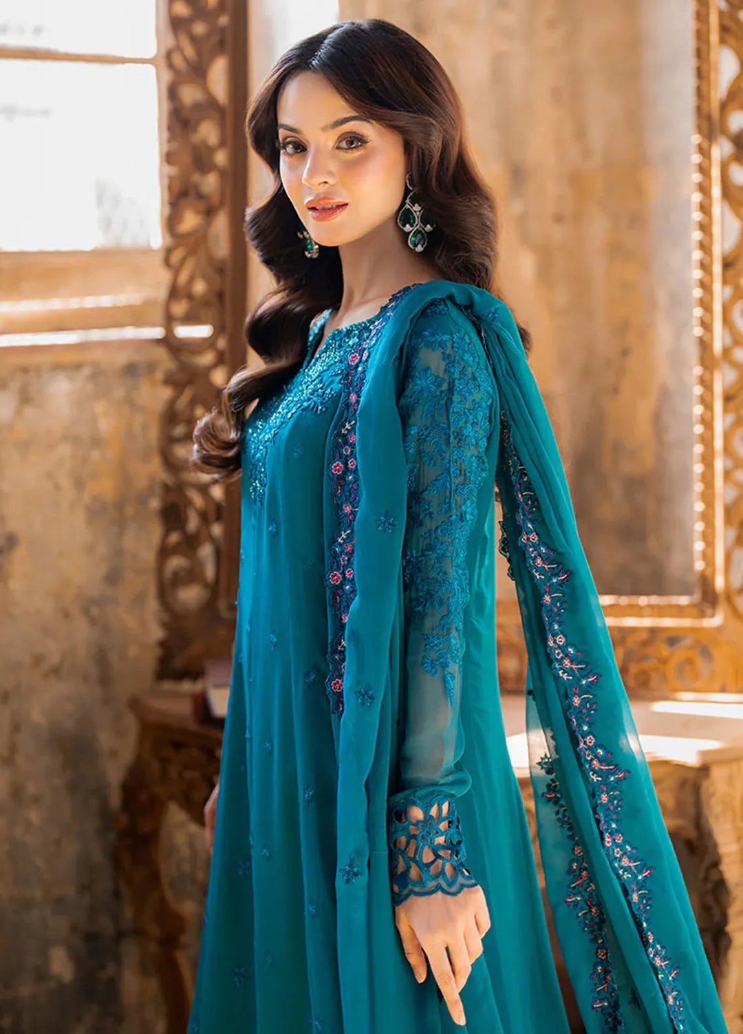 Ensembles By Azure Embroidered Chiffon Suits Unstitched 3 Piece AZU25EN I-01347 Mystic Teal - Festive Collection