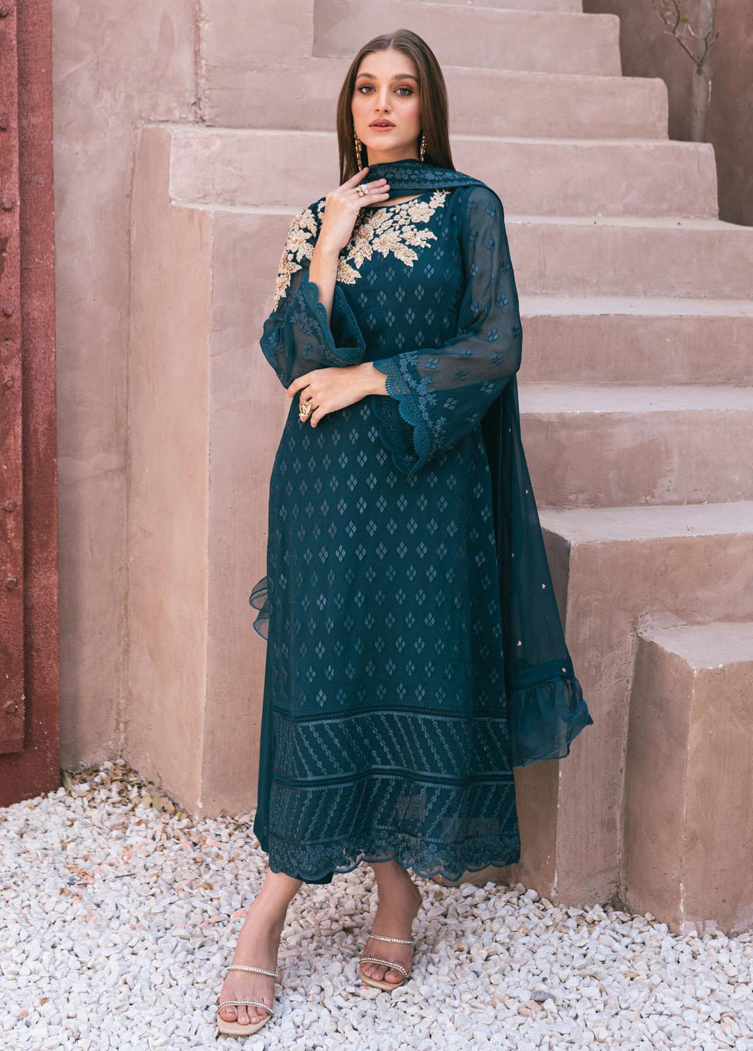 Ensembles By Azure Embroidered Chiffon Suits Unstitched 4 Piece AZU24ES AS-115 Emerald Bloom - Festive Collection