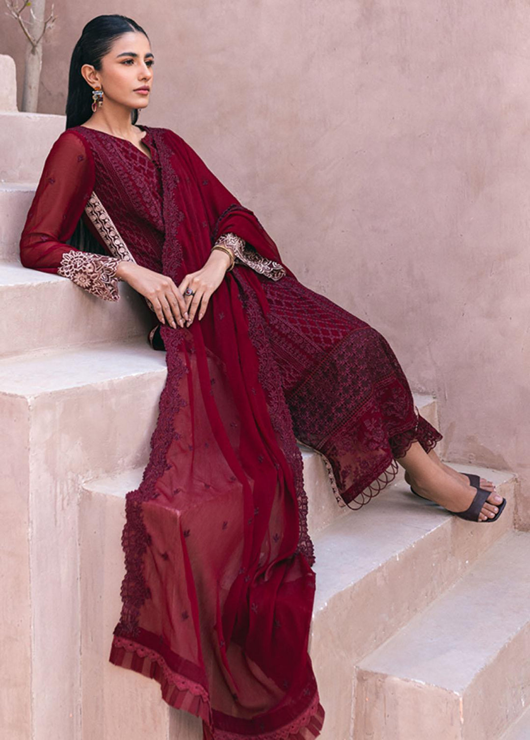 Ensembles By Azure Embroidered Chiffon Suits Unstitched 4 Piece AZU24ES AS-116 Fire Lily - Festive Collection