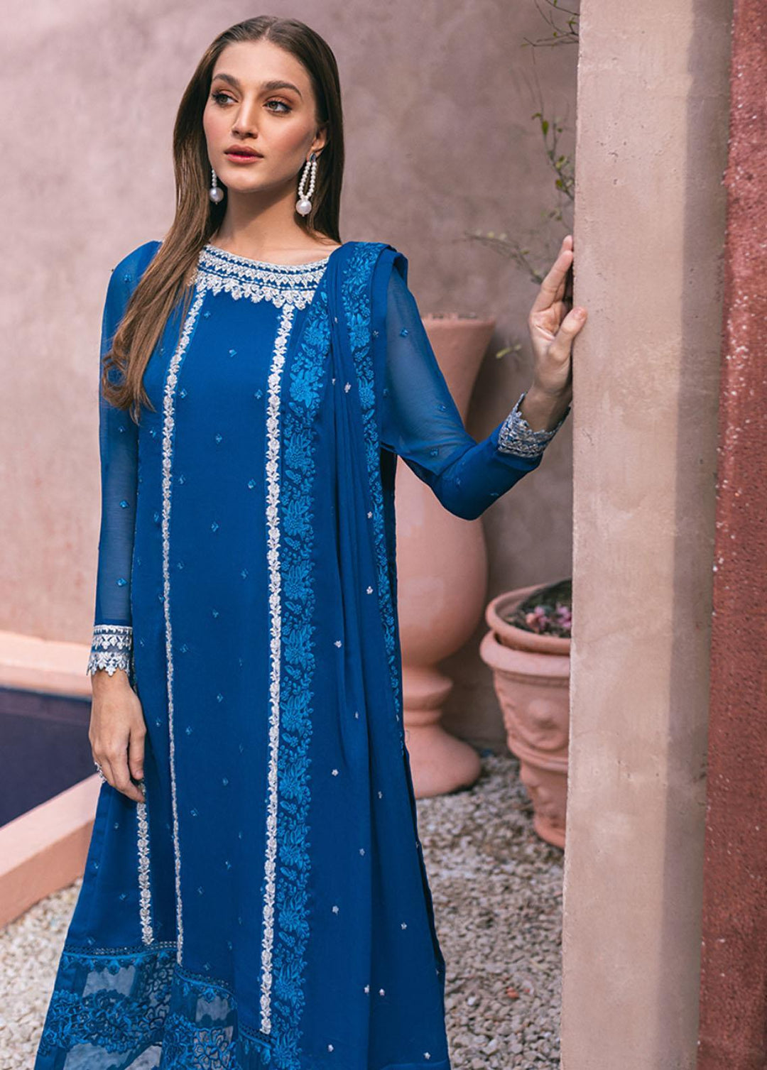 Ensembles By Azure Embroidered Chiffon Suits Unstitched 4 Piece AZU24ES AS-116 Radiant Sky - Festive Collection