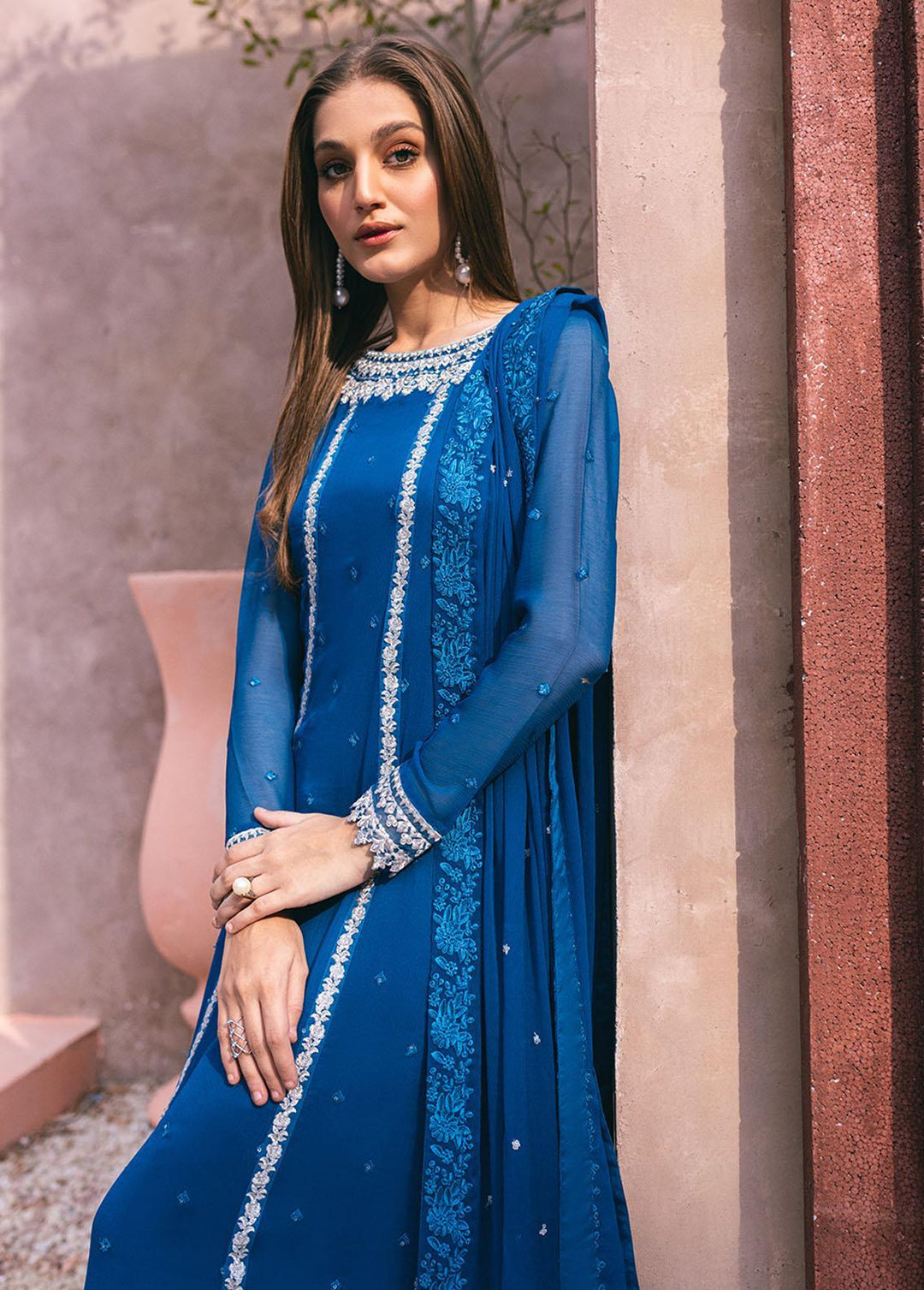 Ensembles By Azure Embroidered Chiffon Suits Unstitched 4 Piece AZU24ES AS-116 Radiant Sky - Festive Collection