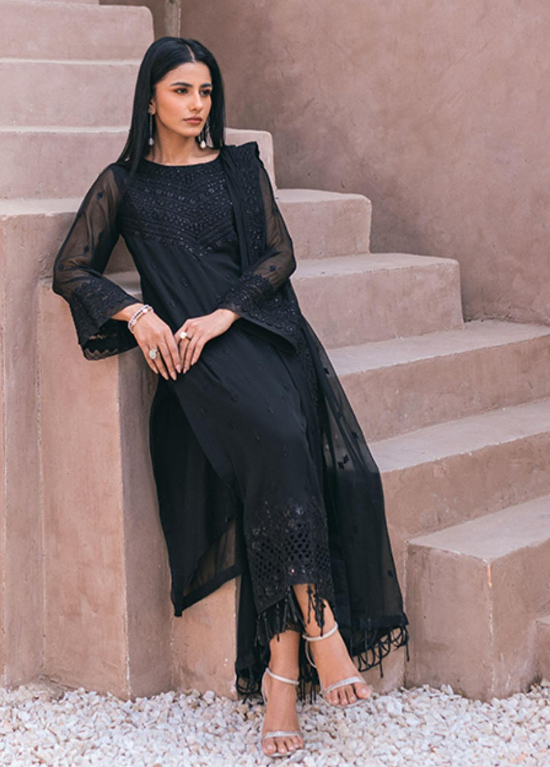 Ensembles By Azure Embroidered Chiffon Suits Unstitched 4 Piece AZU24ES AS-119 Charcoal Charm - Festive Collection