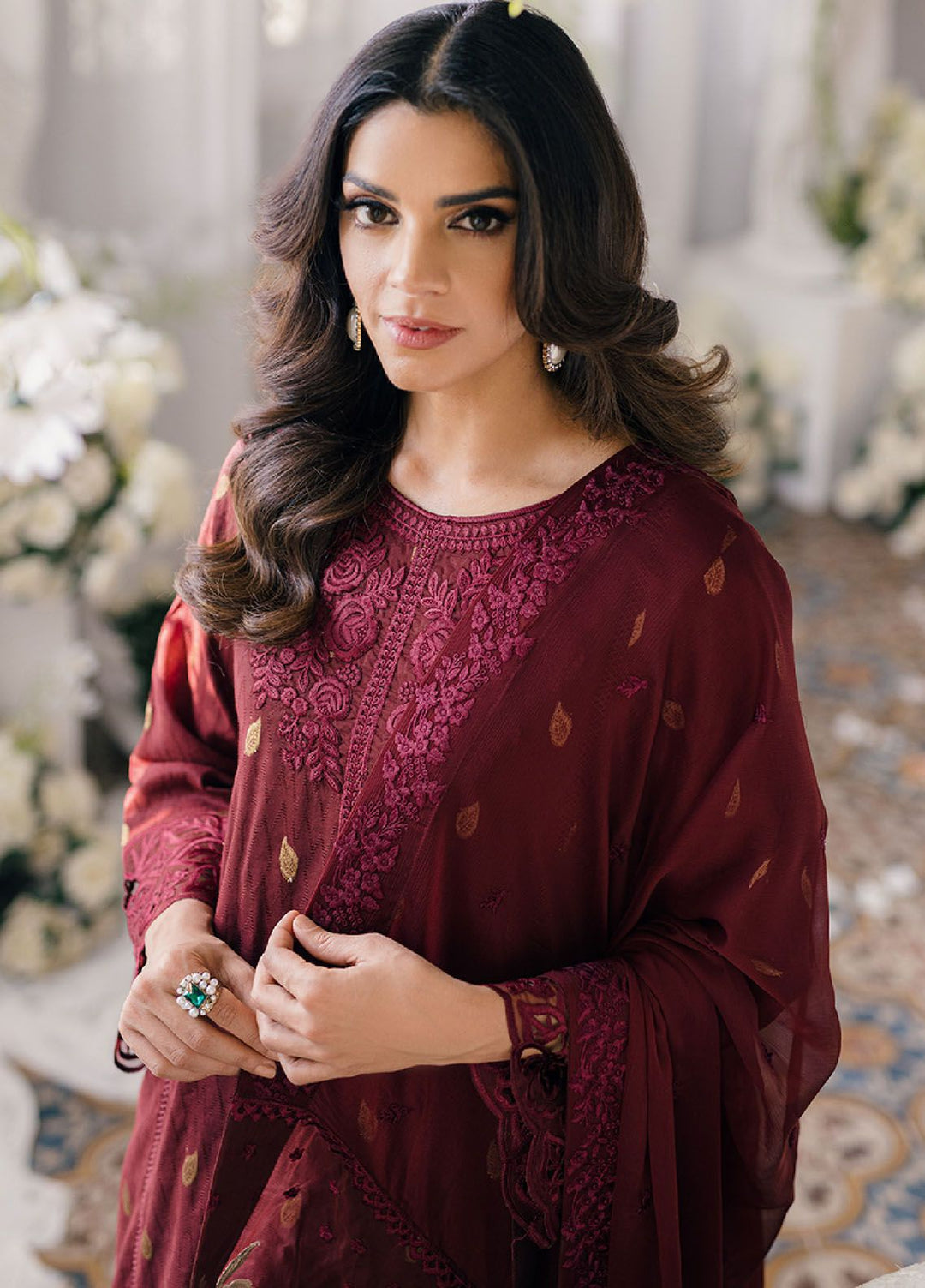 Ensembles by Azure Jacquard Lawn Suits Unstitched 3 Piece AZ24EJ IWES059 Imperial Wine - Festive Collection